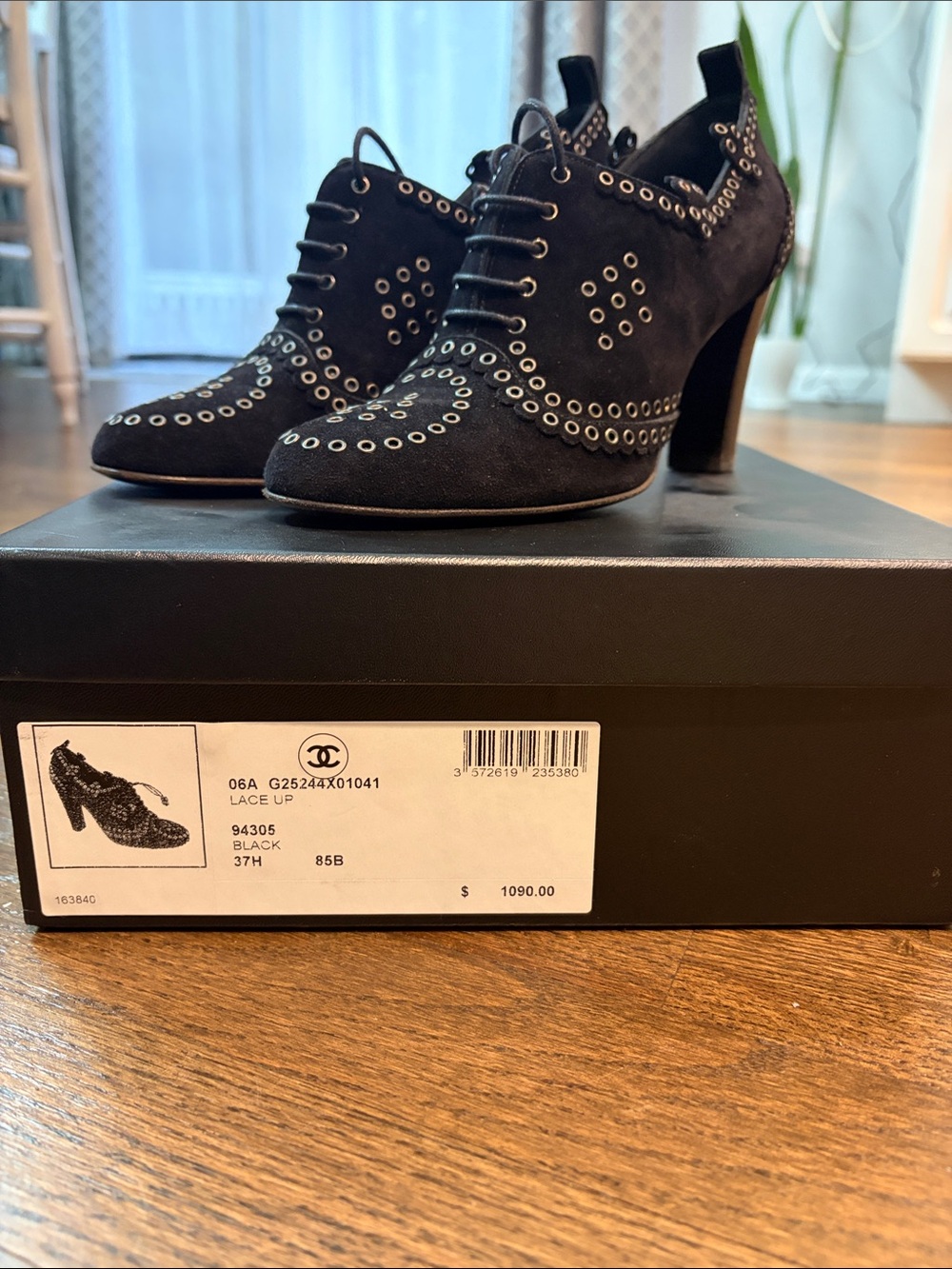 CHANEL Black Suede Lace-Up Heeled Oxfords with Grommet Detailing